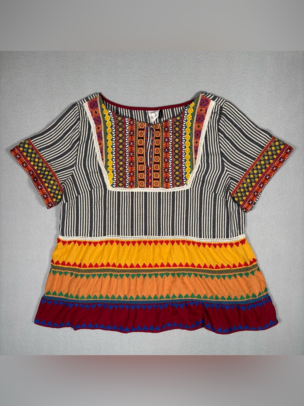 Anthropologie Akemi + Kin Tunic Top Large Embroidered Boho Chic Striped Tiered
